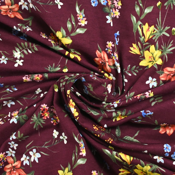 Jersey de viscose imprimé bouquet d'automne fond lie de vin