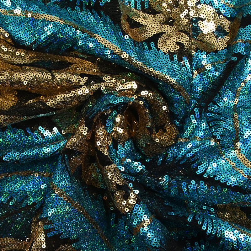 Tulle sequin plumes royales or et bleu turquoise