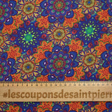 Coton imprimé mandala indigo, vert et orange