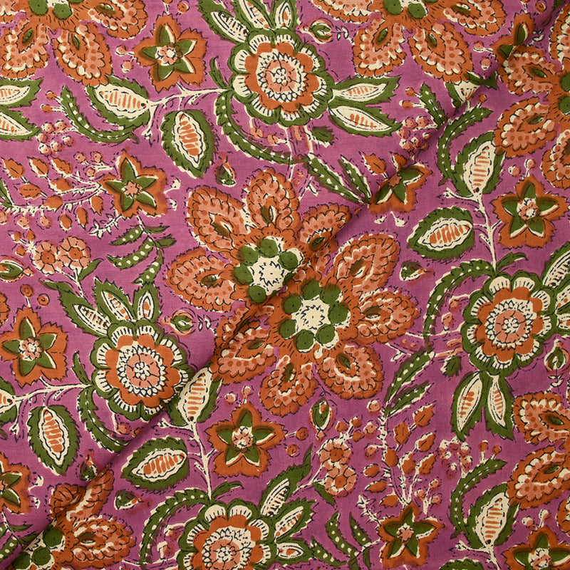 Indian cotton printed delhi brown and green purple background