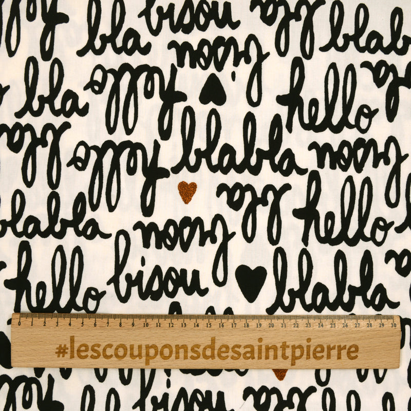 Toile de coton chevron imprimé hello fond banc cassé