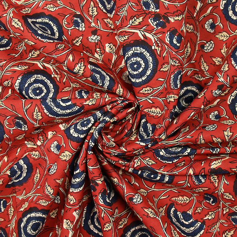 Coton indien imprimé Vadodara bleu marine fond rouge tomette