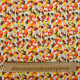 Satin de coton élasthanne imprimé confettis jaune et corail fond blanc