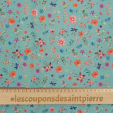Coton imprimé faune et flore fond bleu vert