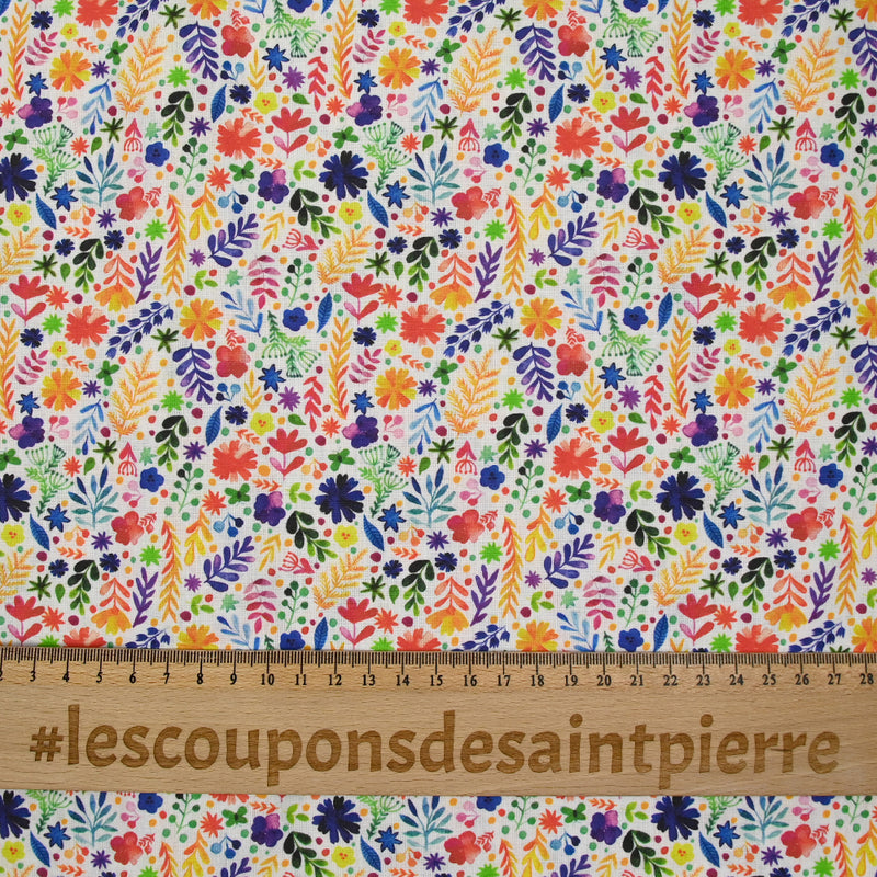 Coton imprimé fougères multicolore fond blanc
