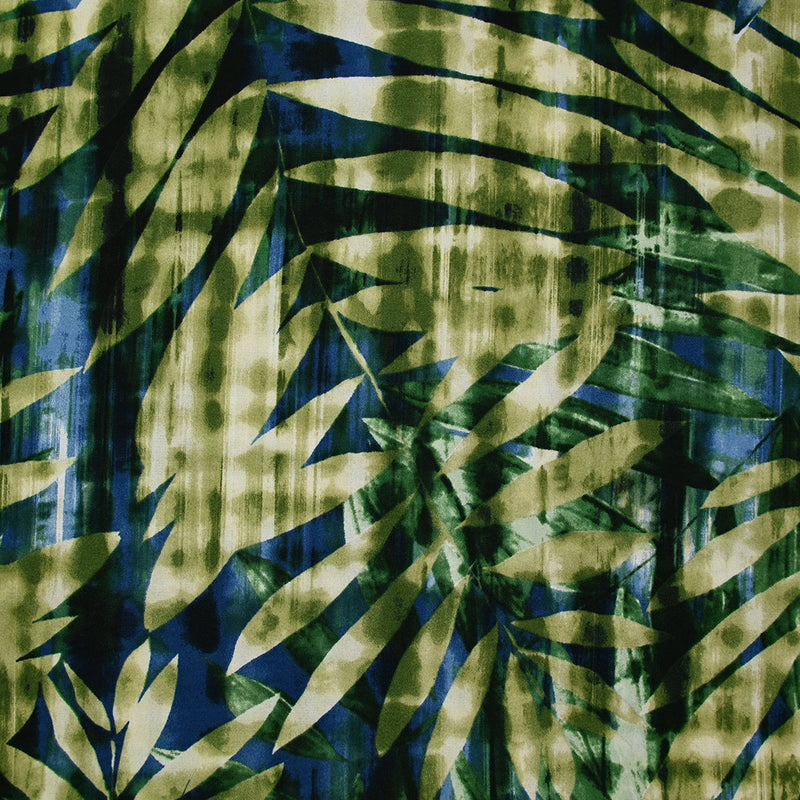 Polyester imprimé fougères fond vert et bleu