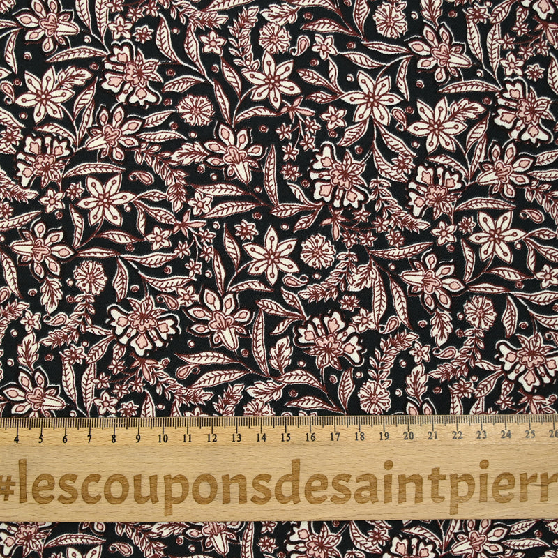 Twill de viscose imprimé floral baroque marron fond noir