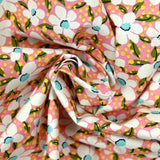 Printed Cotton Popeline Yellow Pea and Blue Flowers Pink Fund