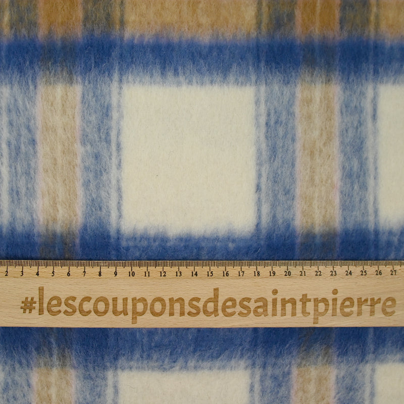 Laine mélangée brossée à carreaux bleu, camel et écru