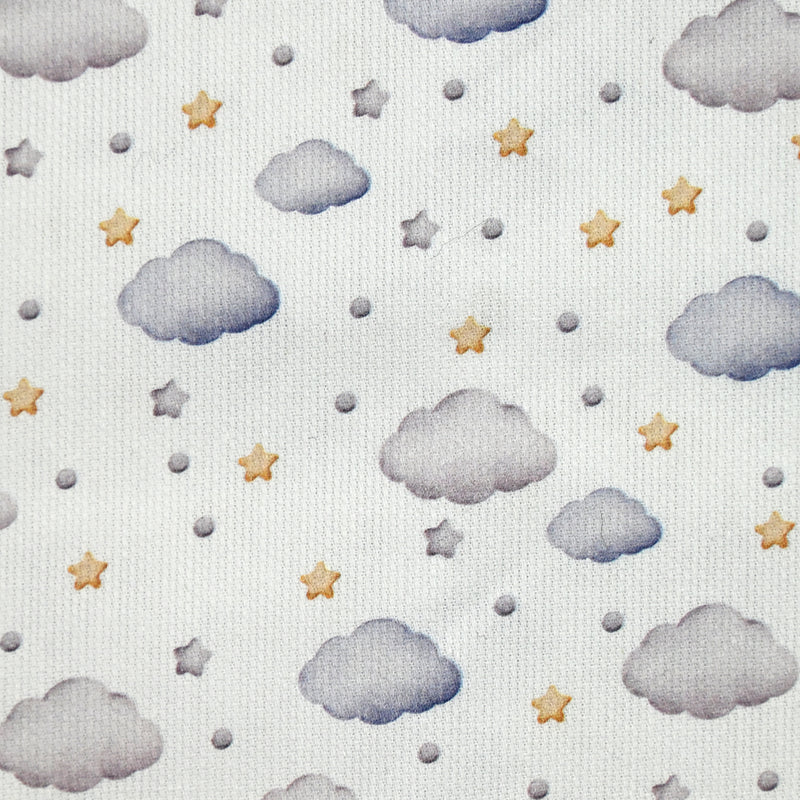 Piqué de coton imprimé nuage et étoile jaune, gris et bleu