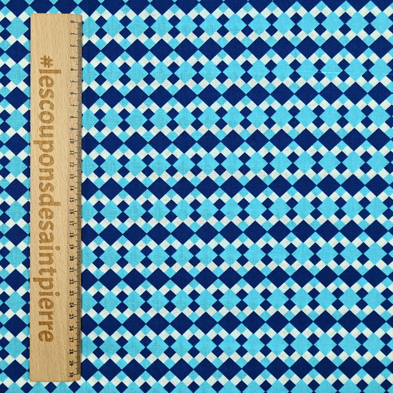 Coton imprimé losange ou carré bleu fond blanc