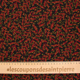 Mousseline imprimée feuilles rouge et ocre fond noir