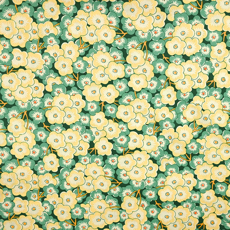 Popeline de coton imprimée Sakura vert et jaune