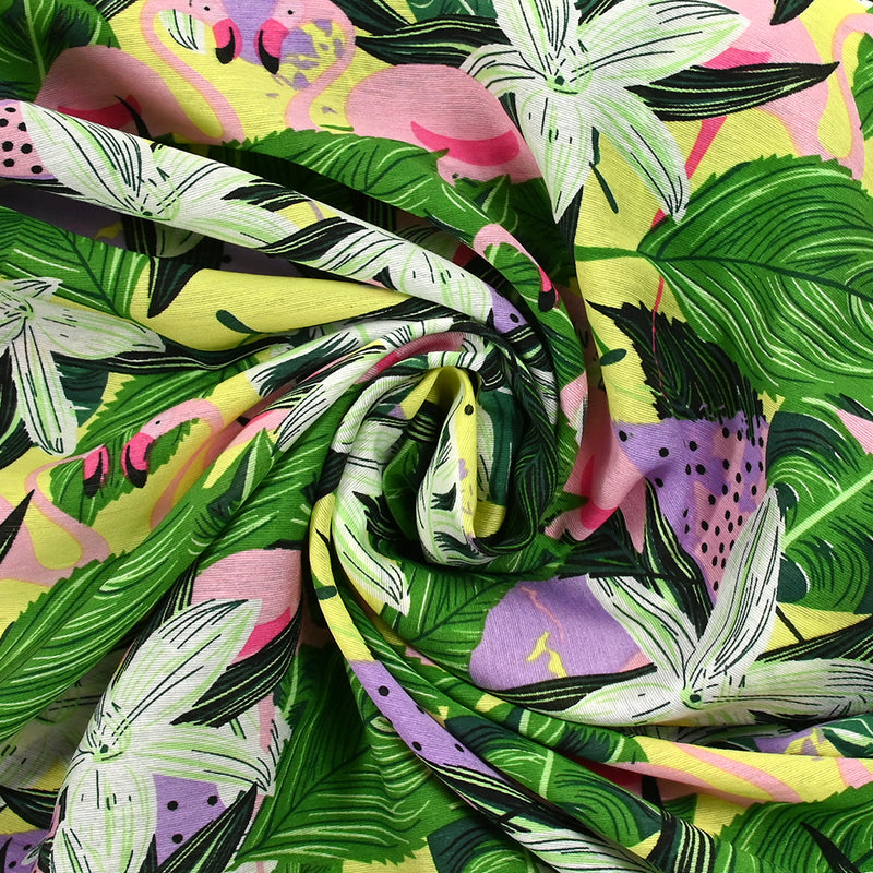 Light flamingo printed viscose in the yellow background jungle