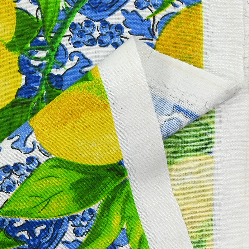 Polycoton imprimé citrons et Azulejos fond blanc