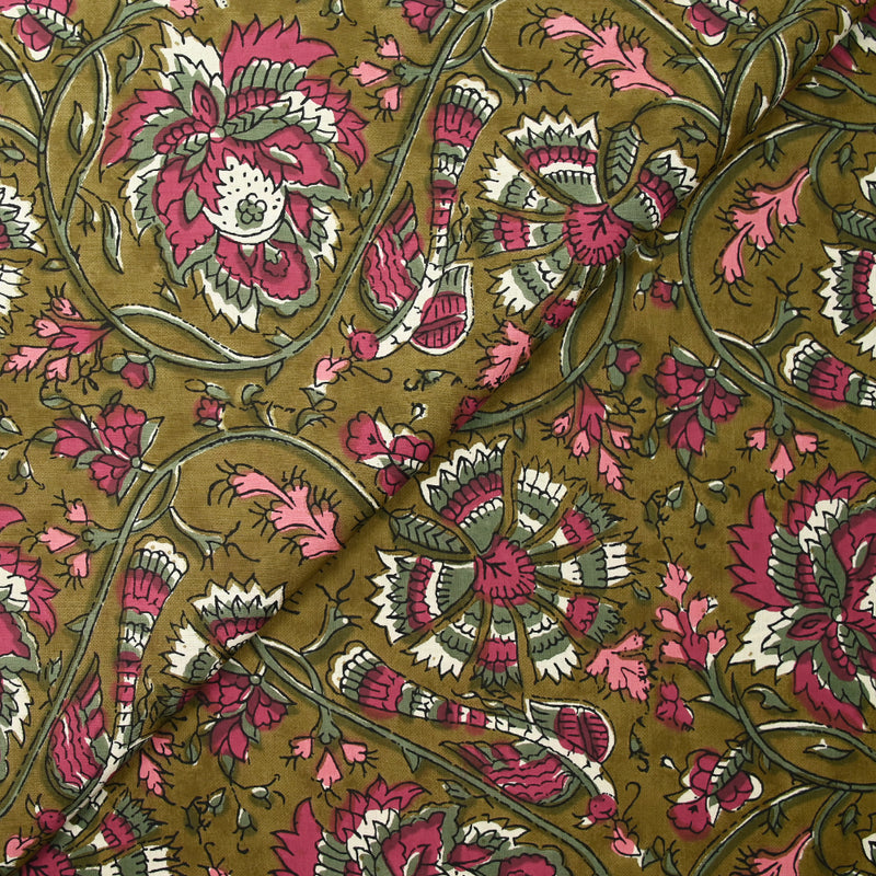 Indian cotton print haora pink and green khaki background
