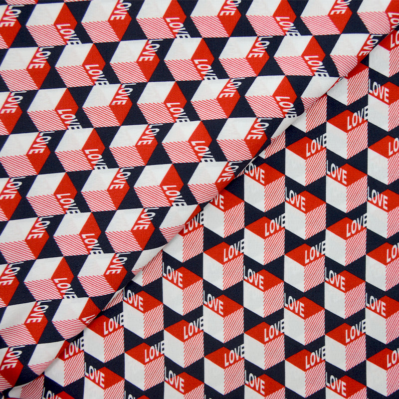Viscose fluide imprimée cube love rouge et marine