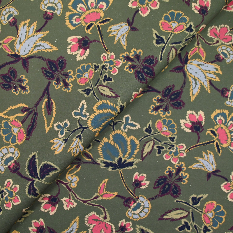 Coton satiné imprimé floral rétro fond vert