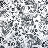 Satin polyester fin imprimé cachemire noir fond blanc