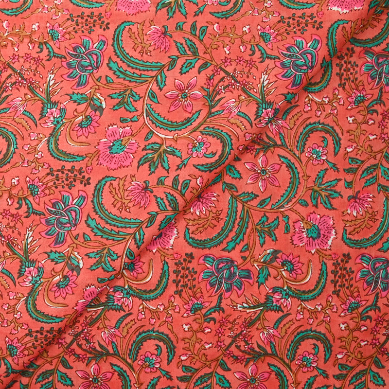 Indian Cotton Print Indore Green And Rose Corail Background