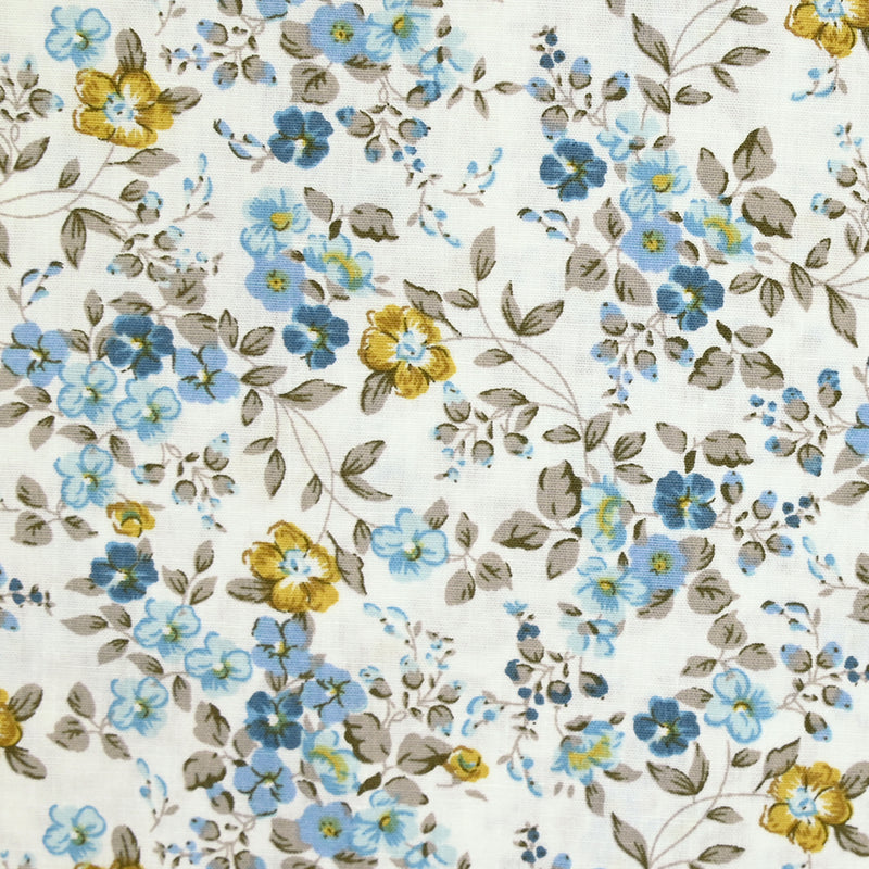Popeline de coton imprimée prairie fleurie bleu