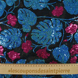 Tulle sequin fleurs et monstera bleu et rose