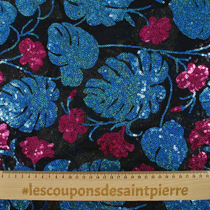 Tulle sequin fleurs et monstera bleu et rose