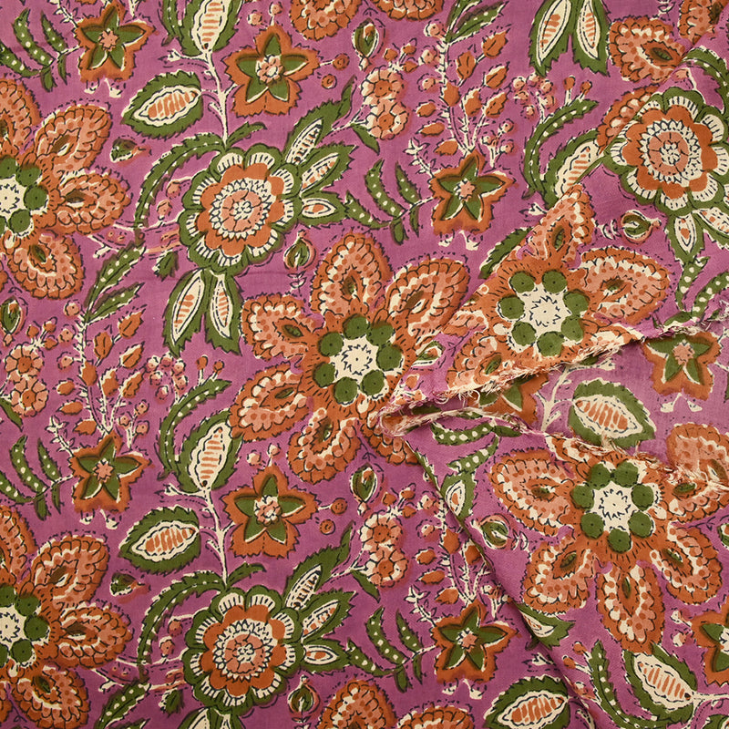Indian cotton printed delhi brown and green purple background