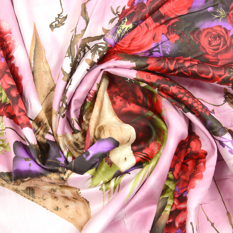 Coton imprimé satiné fleurs fond rose