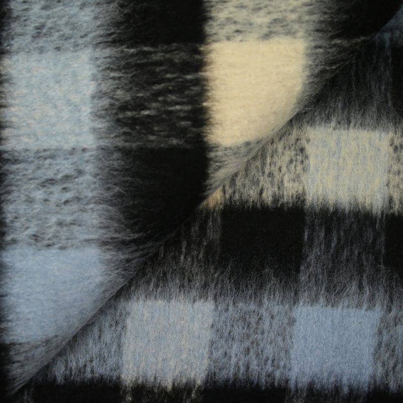 Laine mélangée brossée à poils longs carreaux noir, ciel et beige