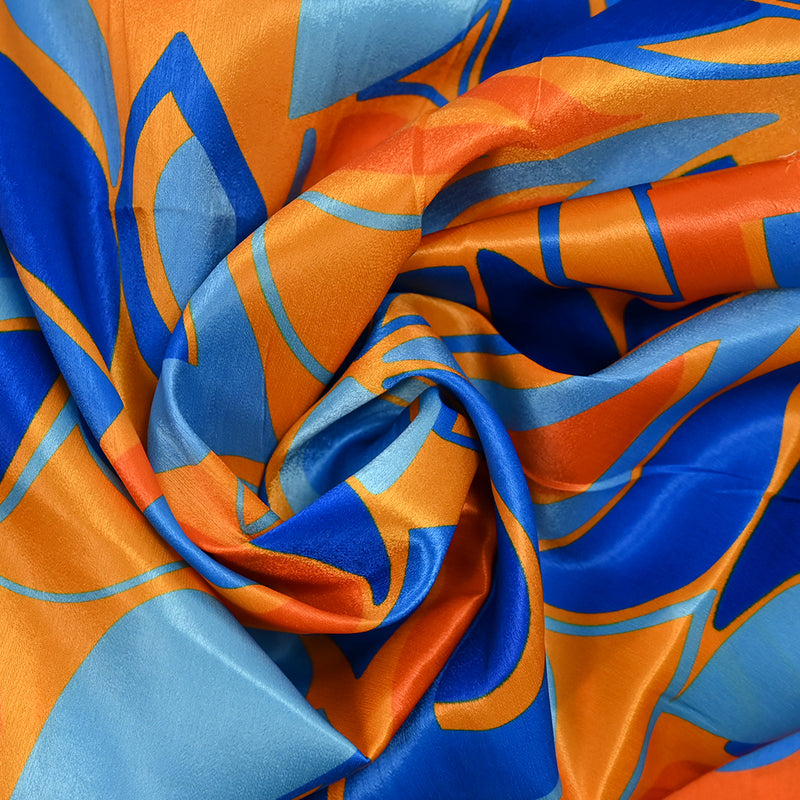 Crêpe satin lourd polyester imprimé œilleton bleu fond orange