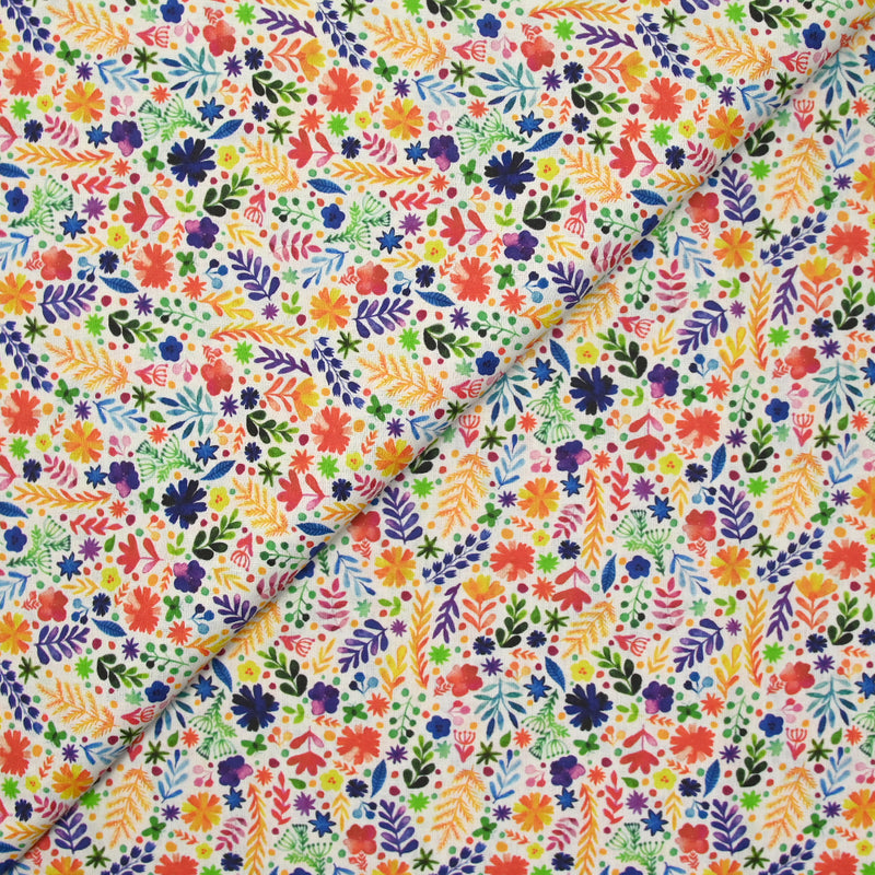 Coton imprimé fougères multicolore fond blanc