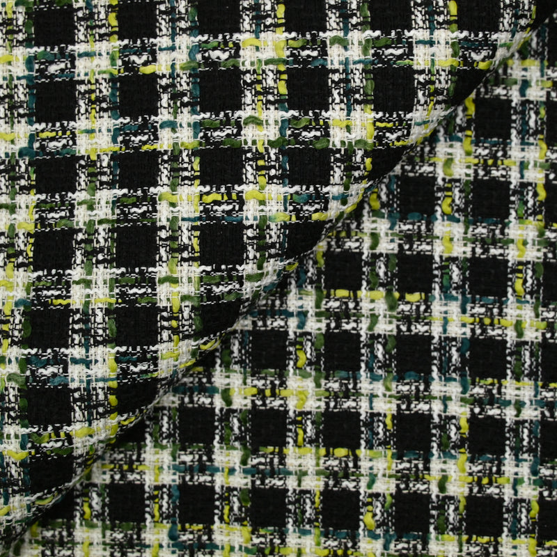 Tweed polycoton à carreaux noir, vert, jaune et bleu canard