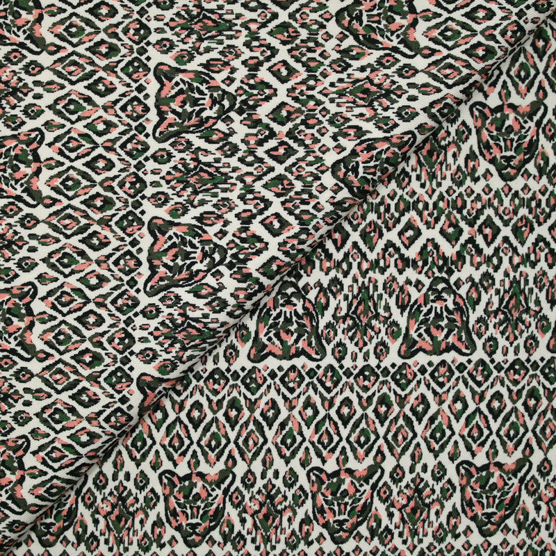 Twill de viscose imprimé tête de tigre vert et rose fond blanc cassé
