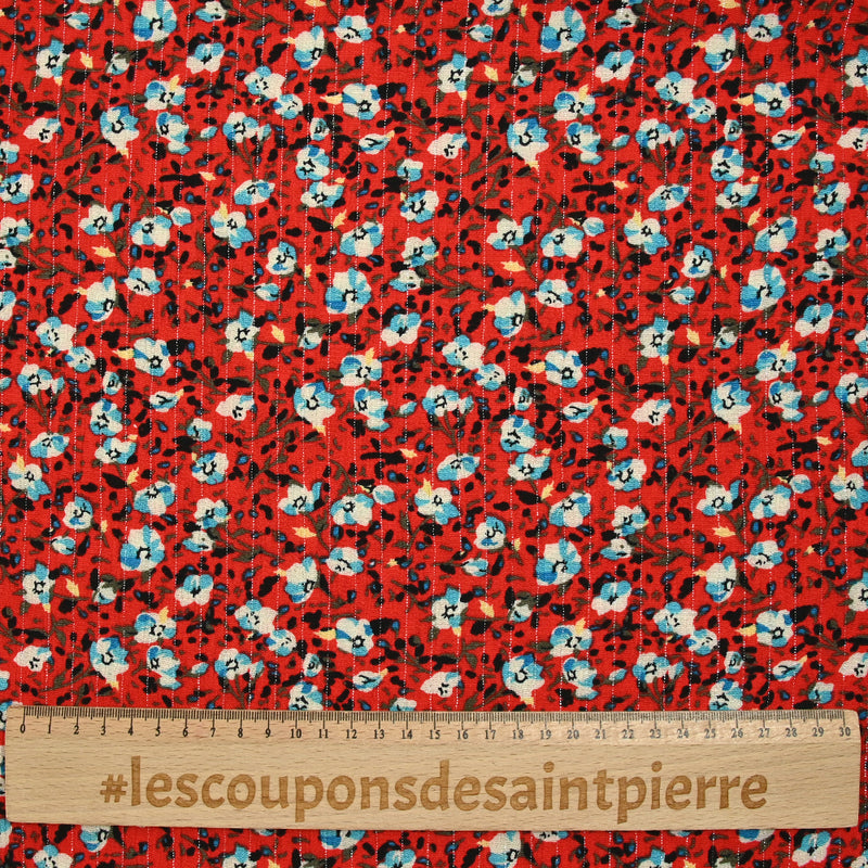 CrePon viscose Lurex Blue and white flowers red background