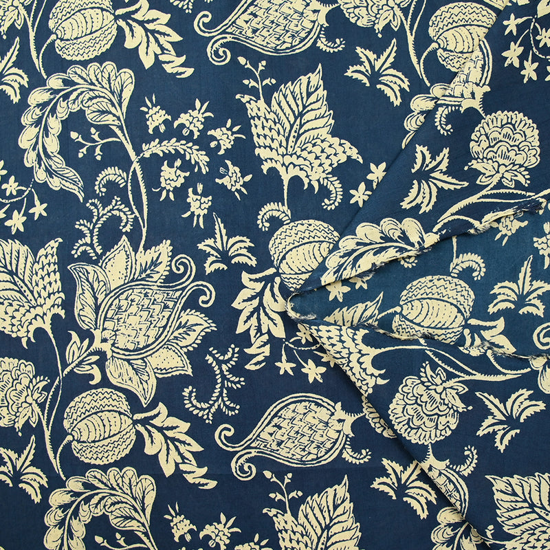 Coton indien imprimé Mumbai beige fond bleu