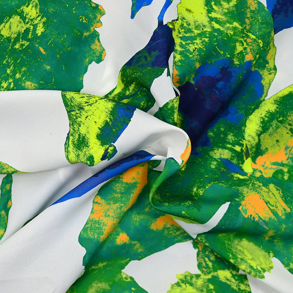 Microfibre imprimée polyester fleurs vert bleu fond blanc