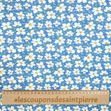 Popeline de coton imprimée pois vert et fleurs jaune fond bleu