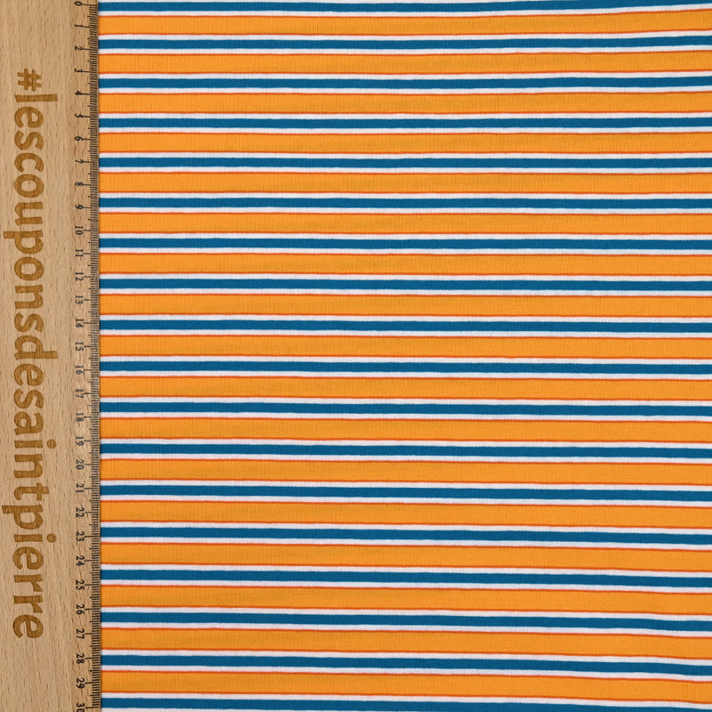 Jersey de coton rayures bleues et orange fond jaune soleil