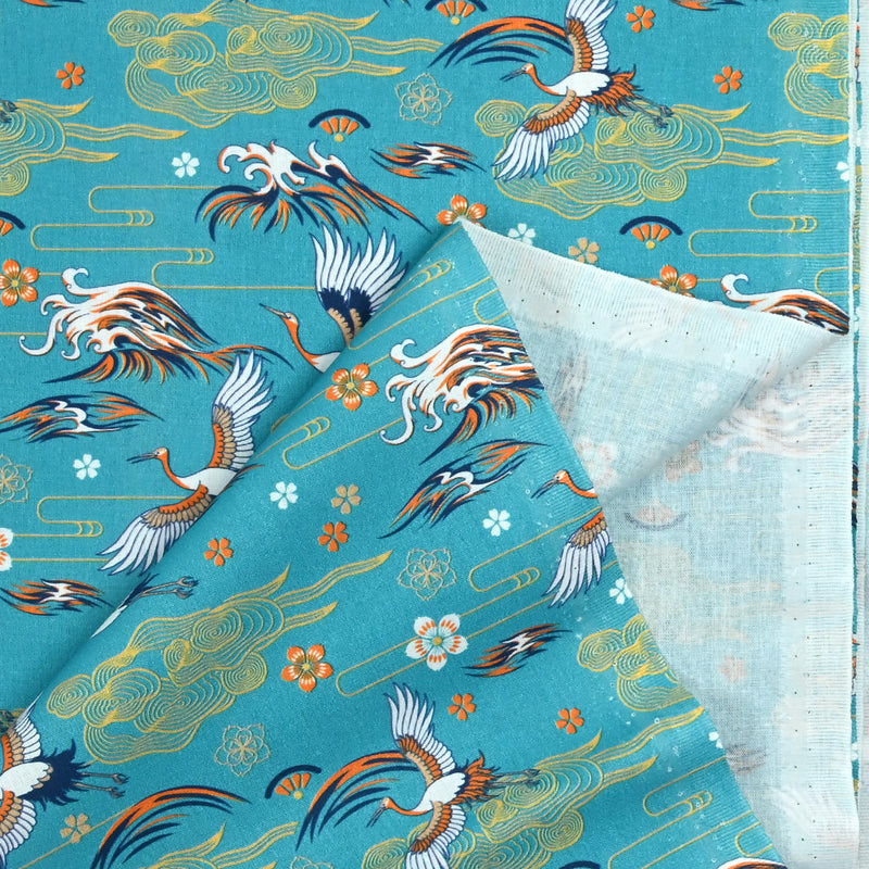 Coton imprimé nuage d'oiseaux fleuri fond bleu canard
