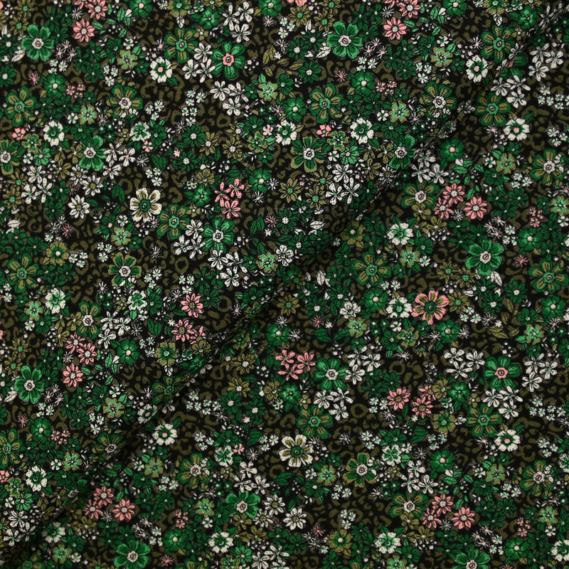 Twill de viscose imprimé rêverie vert et rose fond noir