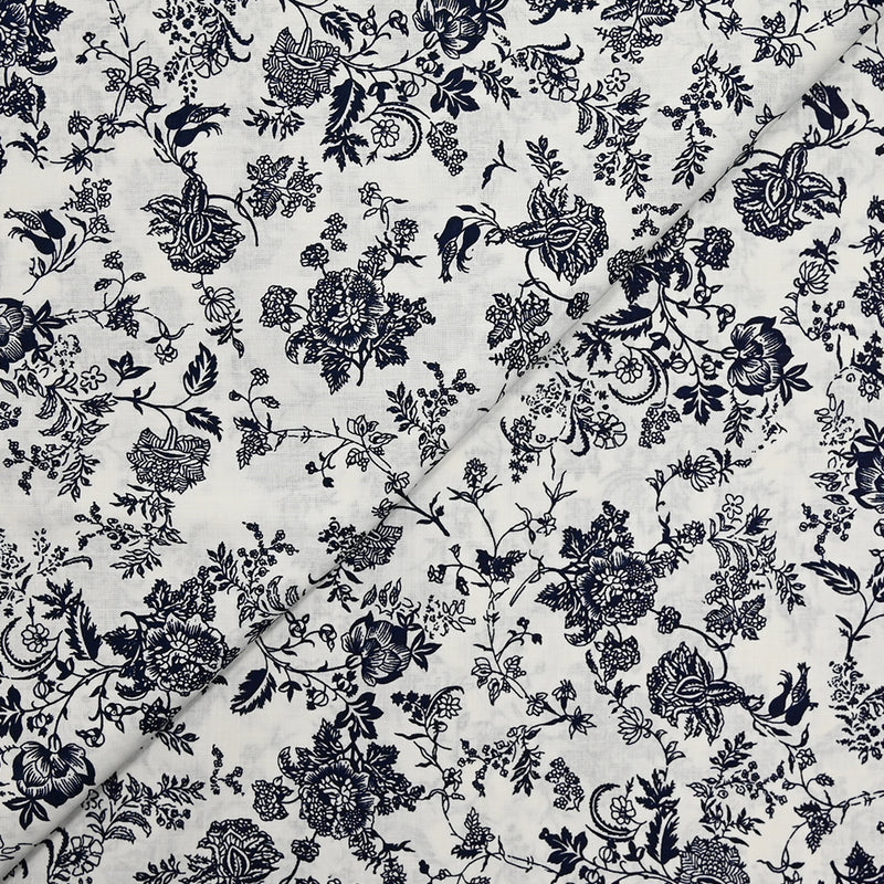 Cotton printed flowers everywhere dark blue white background