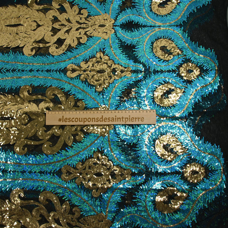 Tulle sequin plumes royales or et bleu turquoise