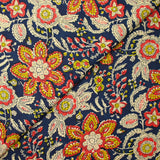 Coton indien imprimé Nandi beige, rouge et jaune fond bleu foncé