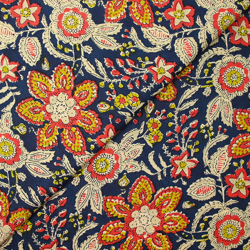 Coton indien imprimé Nandi beige, rouge et jaune fond bleu foncé