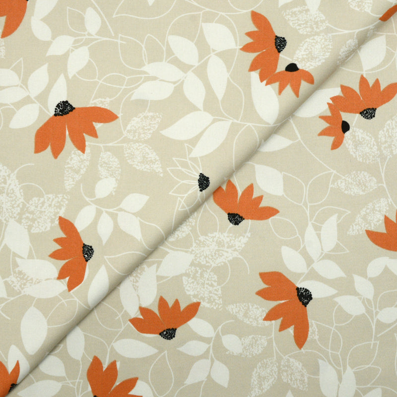 Satin de coton élasthanne imprimé éloge florale fond beige clair
