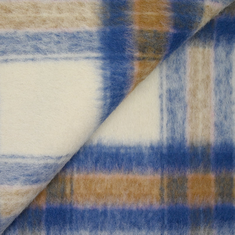 Laine mélangée brossée à carreaux bleu, camel et écru