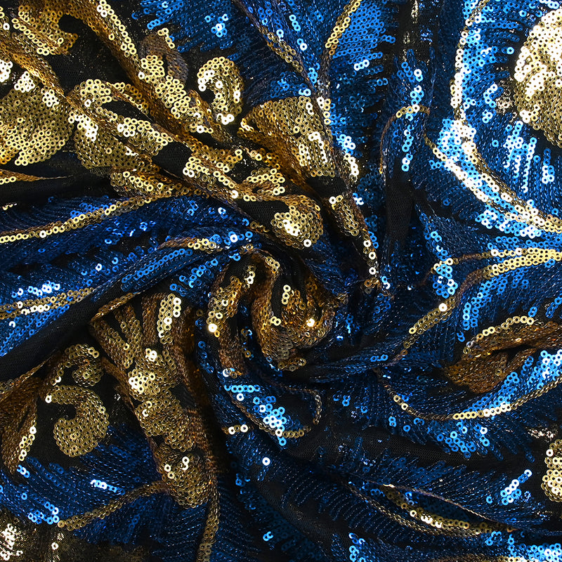 Tulle sequin plumes royales or et bleu