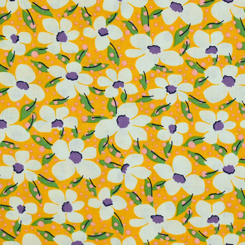 Popeline de coton imprimée pois rose et fleurs violet fond jaune