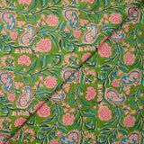 Coton indien imprimé Shiva rose et bleu turquoise fond vert pomme